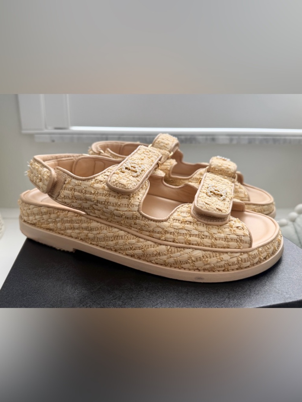 CHANEL Raffia Pearl Dad Sandals 37 Beige 21C CC Logo Velcro - Picture 9 of 16